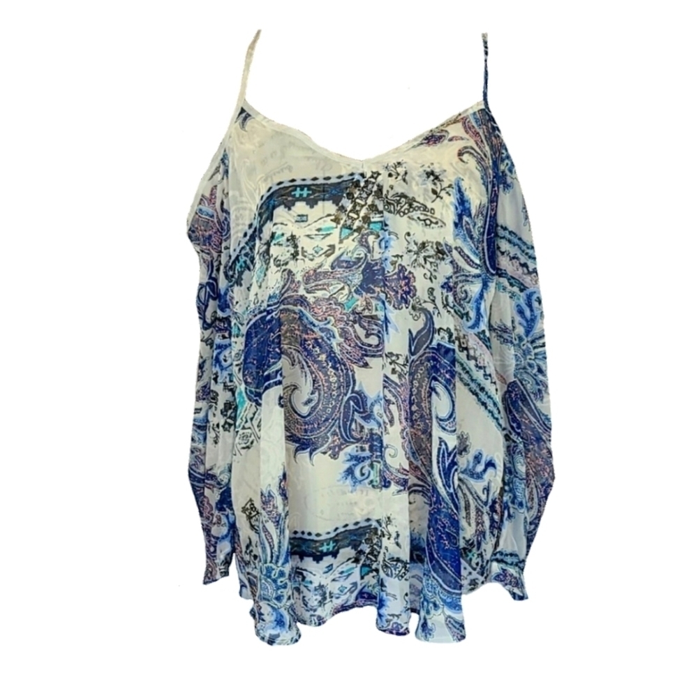 Romeo & Juliet Paisley Print Romantic  Greek Blue Coquette Whimsy Boho Blouse, M